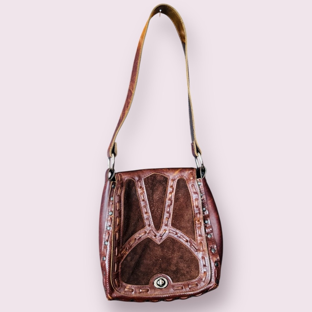 Brown Shoulder Bag with Bucket Shape and Decorative Pattern